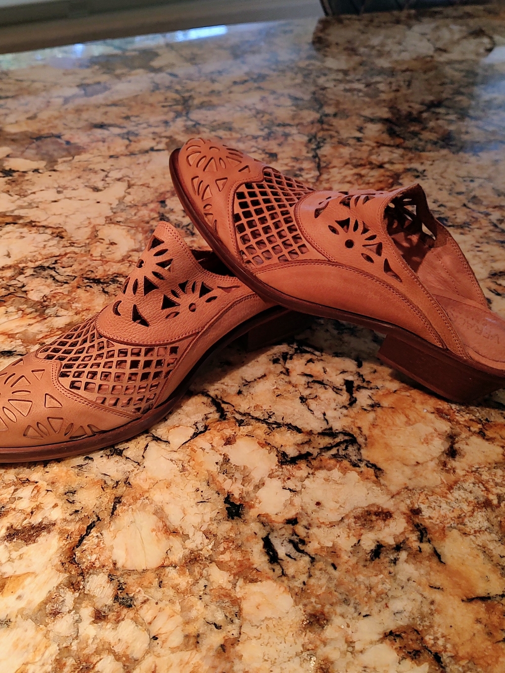 Perforated Slip-On Mules in Tan